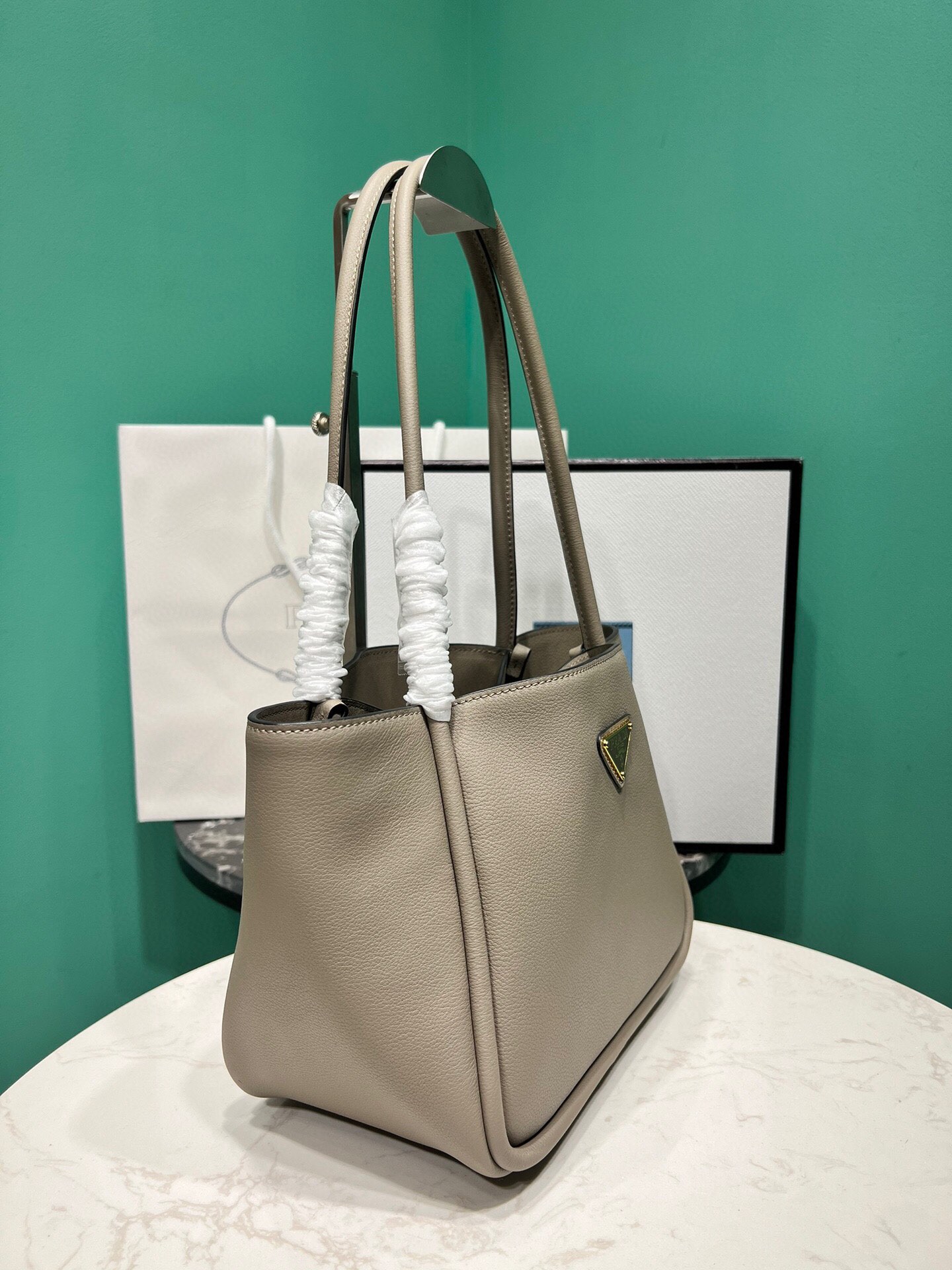 Prada Mini Leather Tote Bag Clay Grey 1BG539